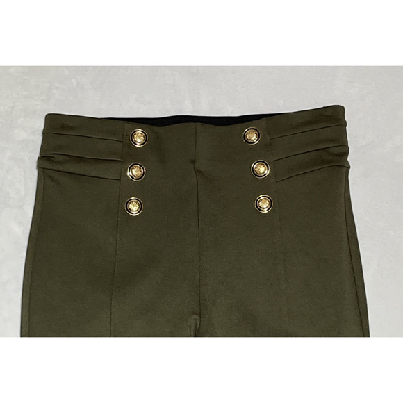 Zara Stretch Knit Skinny Pants Womens Medium Olive Green Gold Buttons Pull On - Picture 4 of 15